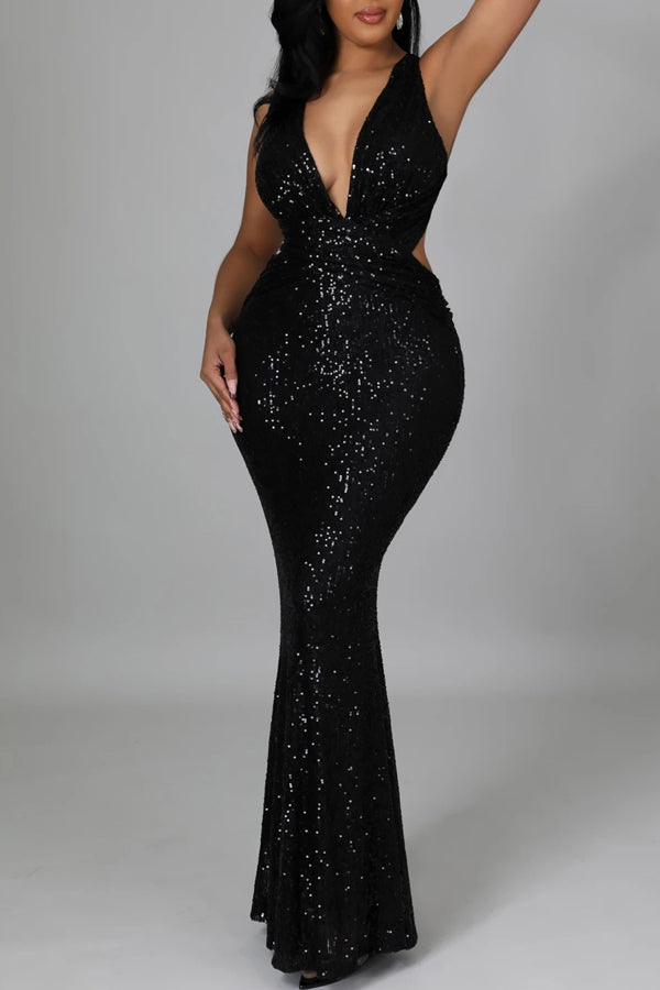Elegant Sequin V-Neck Sleeveless Slim Fit Fishtail Dress