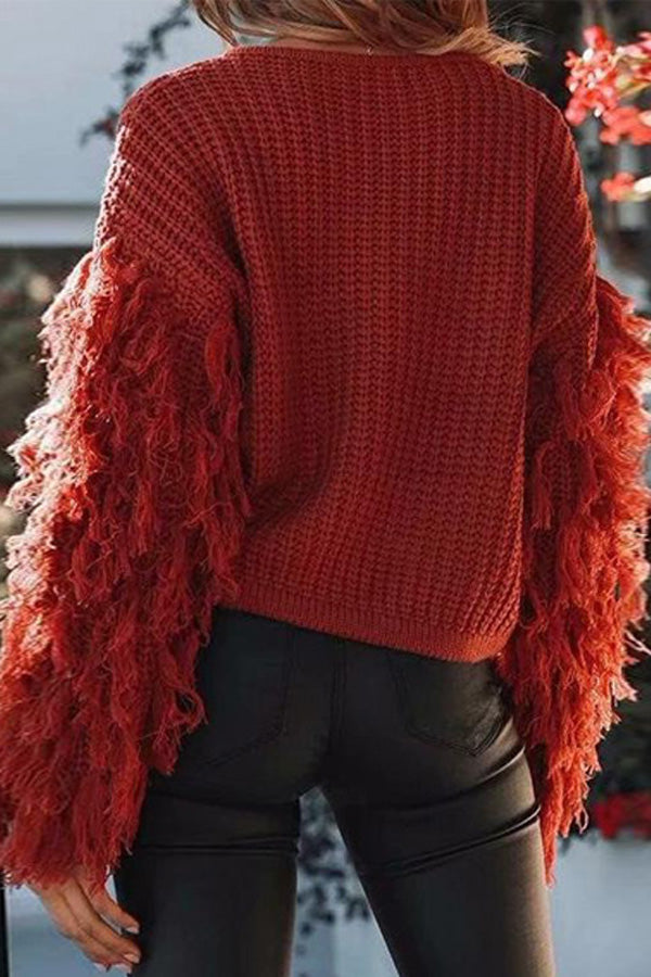 Loose Knit Fringe Long Sleeve Pullover Sweater