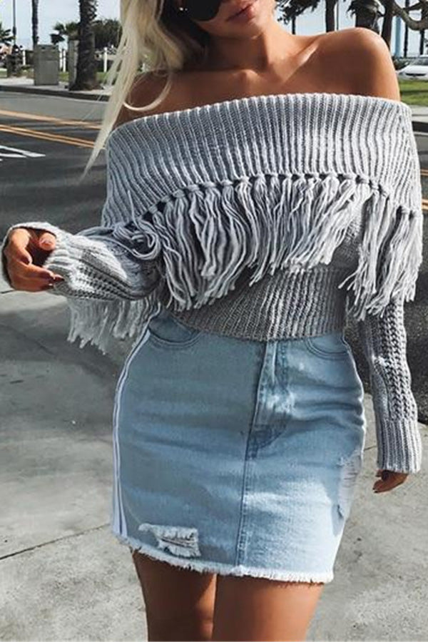 Fringed Knit Lapel Off-Shoulder Long-Sleeve Sweater