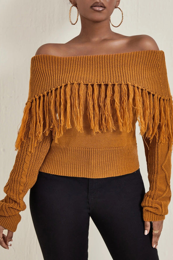 Fringed Knit Lapel Off-Shoulder Long-Sleeve Sweater