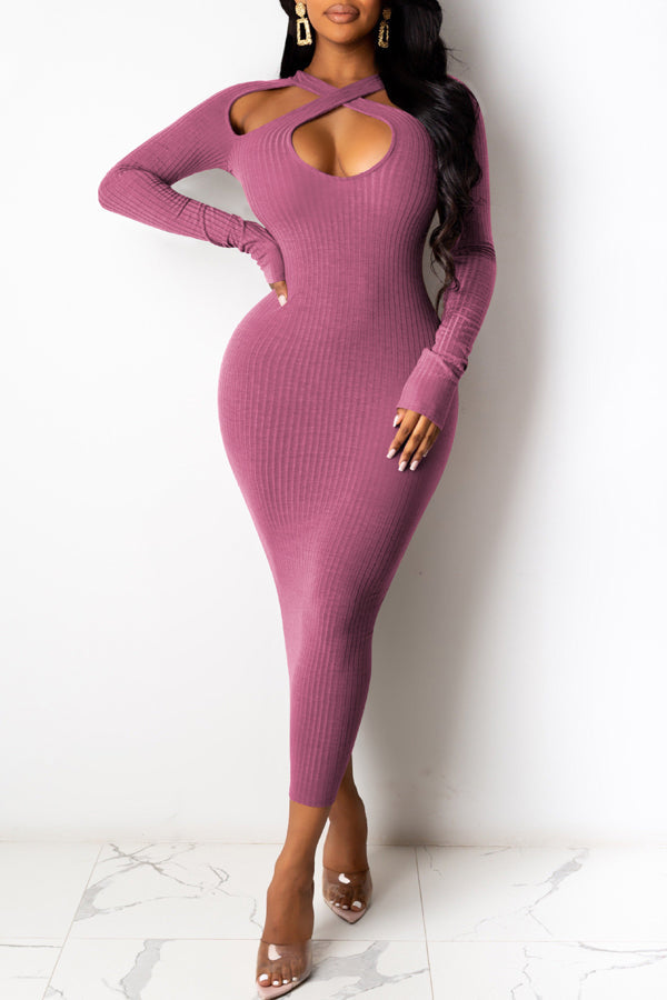 Fashion Sexy Hollow Off Shoulder Long Sleeve Solid Color Knit Dress