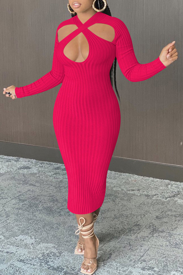 Fashion Sexy Hollow Off Shoulder Long Sleeve Solid Color Knit Dress