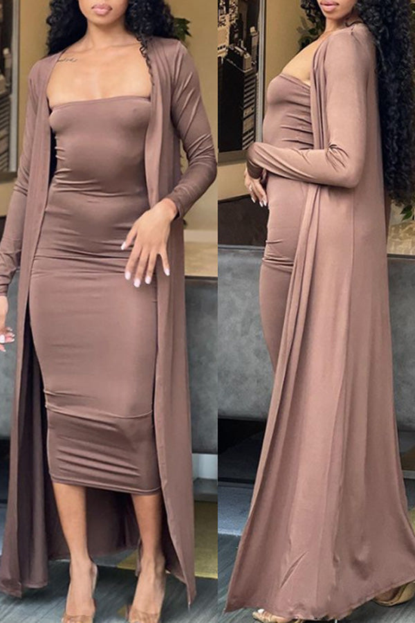 Casual Sexy Wrap Chest Dress Cape Cardigan Solid Color Two-piece Suit
