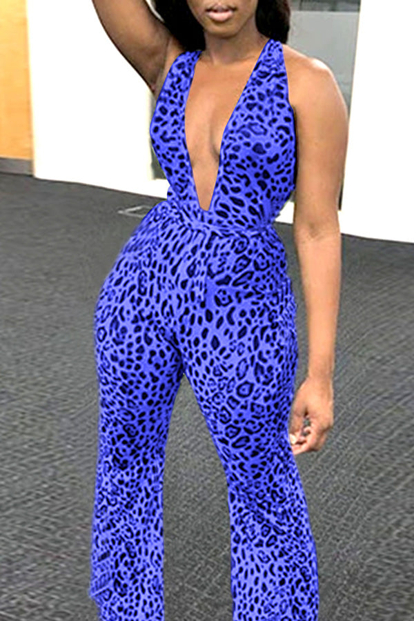 Leopard Print Sexy V-Neck Backless Jumpsuit