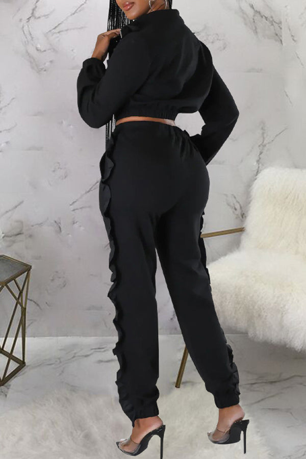 Stylish Zip Stand Collar Ruffled Lounge Pants Set