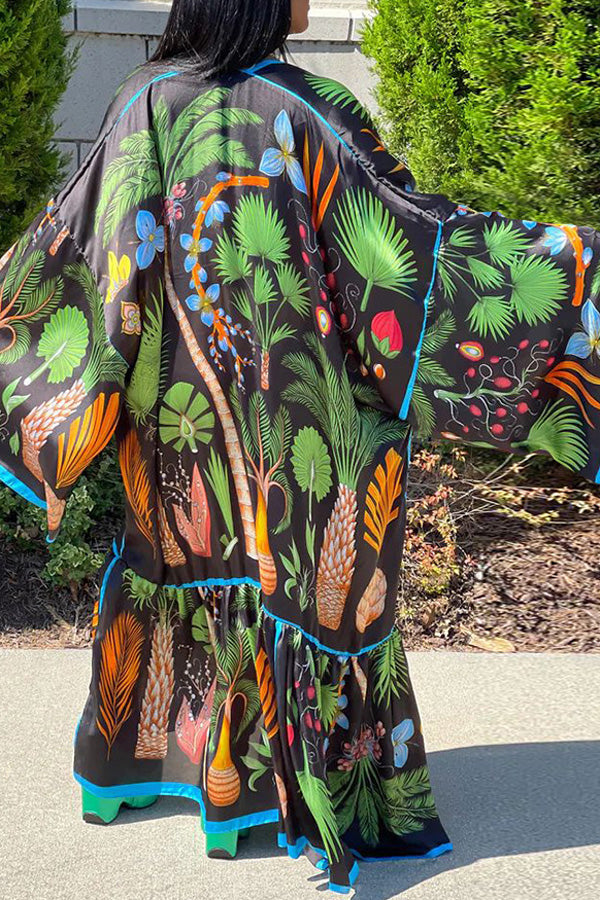 Printed Loose Casual Faux Silk Long Kimono Cardigan