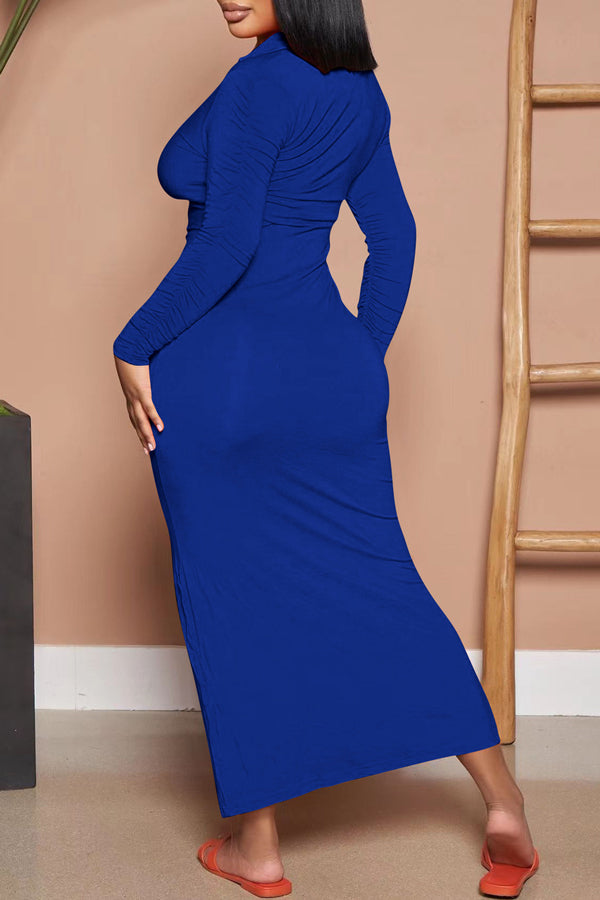 Lapel Single-Breasted Crinkled Slim Fit Long Sleeve Maxi Dress