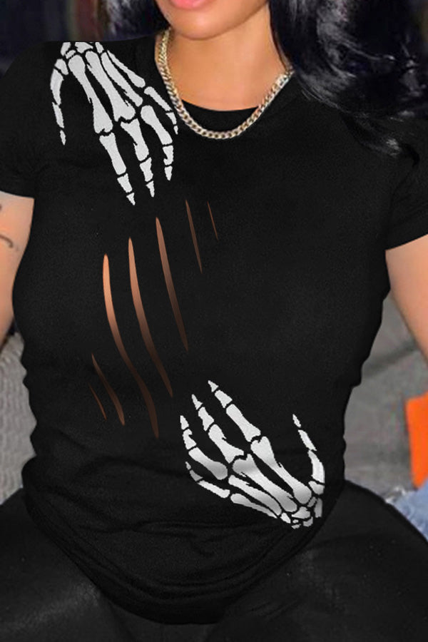 Trendy Skull Print Crew Neck Cutout T-Shirt