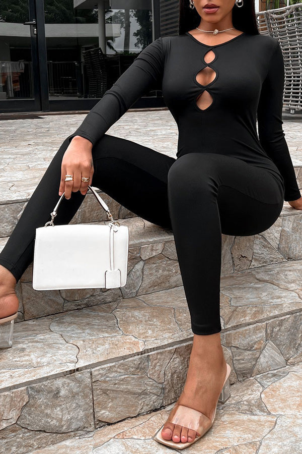 Fashion Casual Solid Color Cutout Slim Fit Long Sleeve Jumpsuit