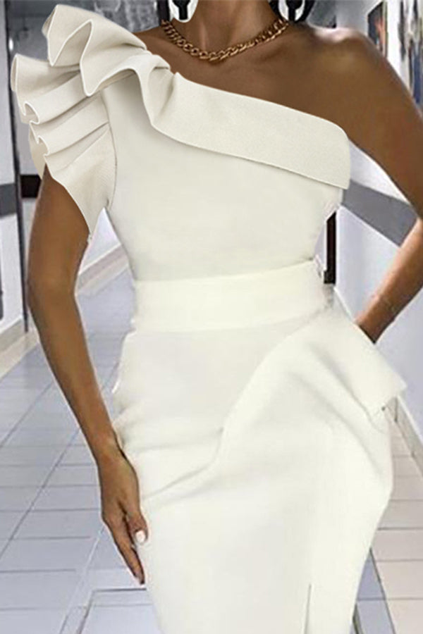 Elegant Asymmetric Ruffled One-Shoulder Midi Dress