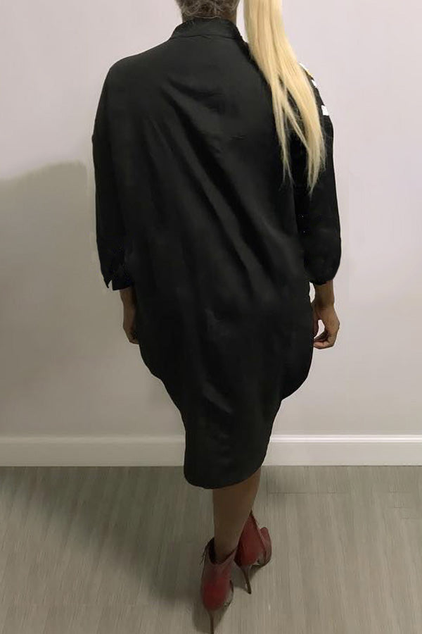 Lip Sequin Asymmetric Panel Long Sleeve Shirt Midi Dress