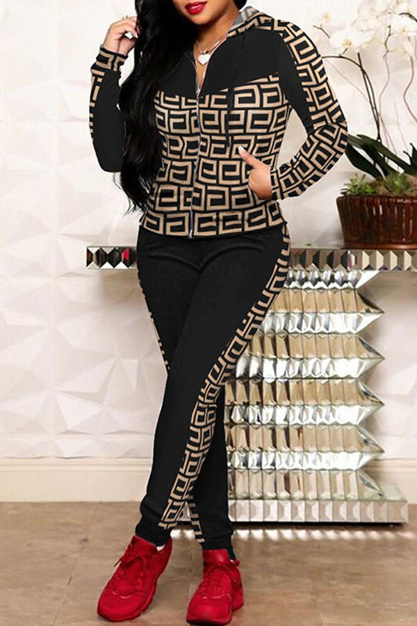 Check Print Patchwork Long Sleeve Sweatshirt Trousers Two-Piece Set