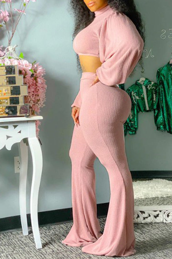Solid Color Lantern Long Sleeve Pullover Flared Trousers Two Piece Set