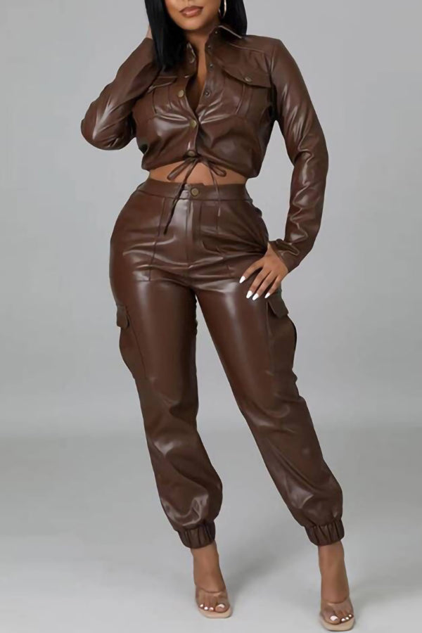 Temperament Fashion Slim Pocket Cargo Leather Two-piece Suit