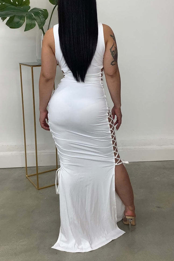 Sexy V-neck Sleeveless Cutout Lace Up Slim Fit Maxi Dress