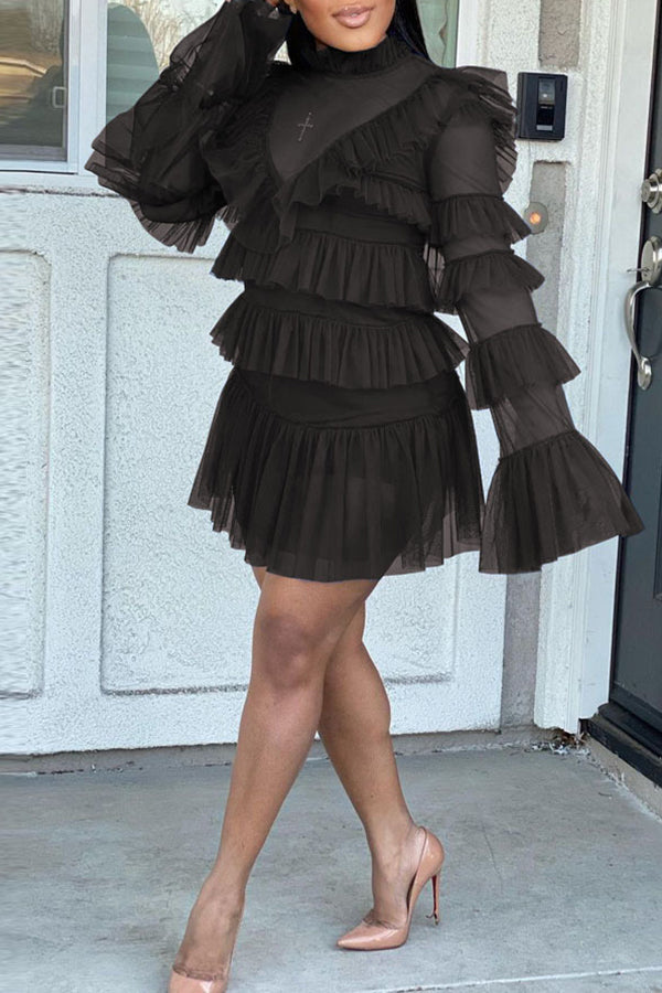 Sexy Mesh Long Sleeve Ruffle Dress And Sling Dress Suits