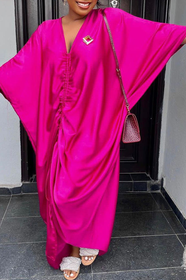 Fashion V-neck Batwing Sleeve Drawtring Loose Maxi Dress