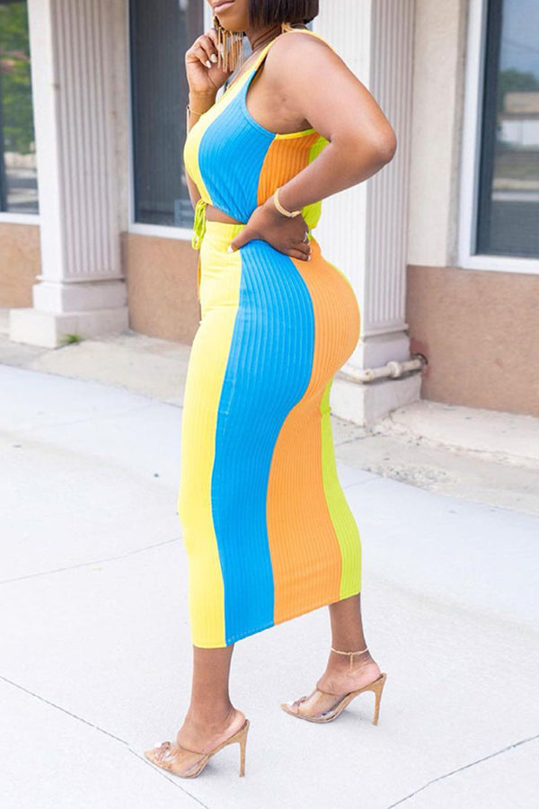 Colorful Sleeveless Short Vest  Lace Up Midi Skirt Suits