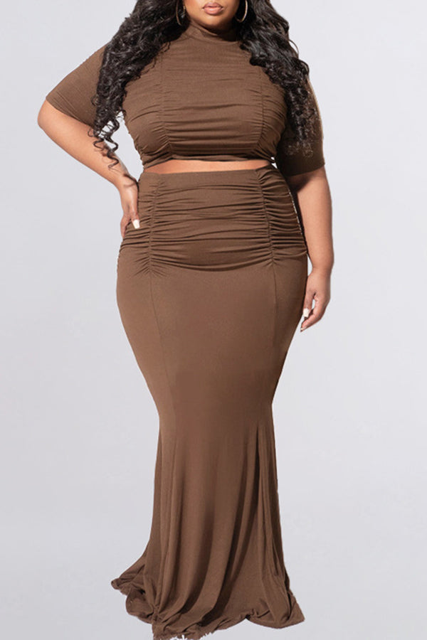Casual Solid Color Pleated Slim Fit Plus Size Long Skirt Suits