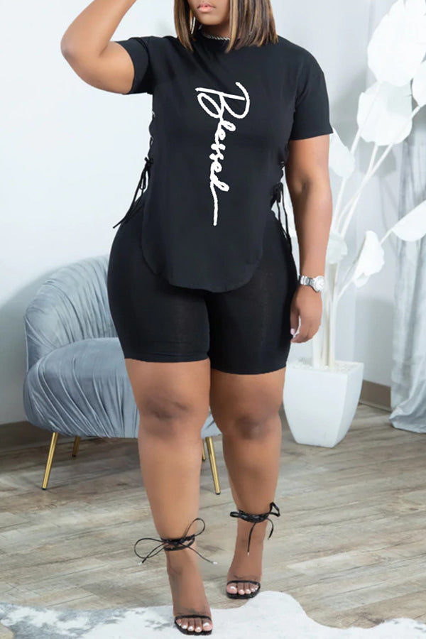 Casual Plus Size Side Eyelet Lace Up T-shirt Shorts Suits