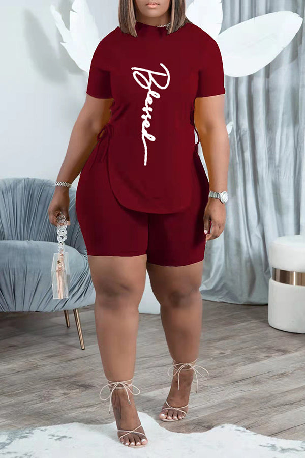 Casual Plus Size Side Eyelet Lace Up T-shirt Shorts Suits