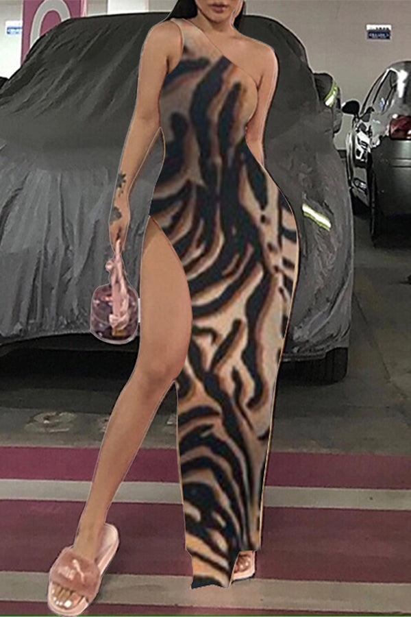 Sexy One Shoulder Solid Color Slim Fit High Slit Maxi Dress