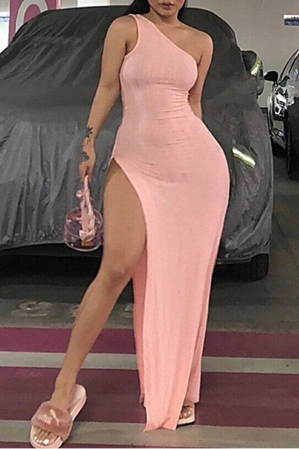 Sexy One Shoulder Solid Color Slim Fit High Slit Maxi Dress