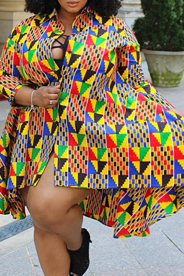 Fashion Geometric Print Long Sleeve Irregular Plus Size Midi Dress