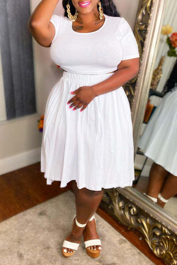 Casual Plus Size Solid Color Short Sleeve Top Midi Skirt Suits
