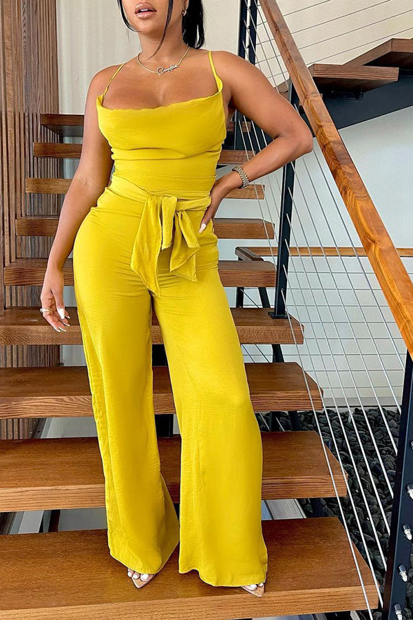Sexy Solid Color Sleeveless Sling Wide Leg Jumpsuits