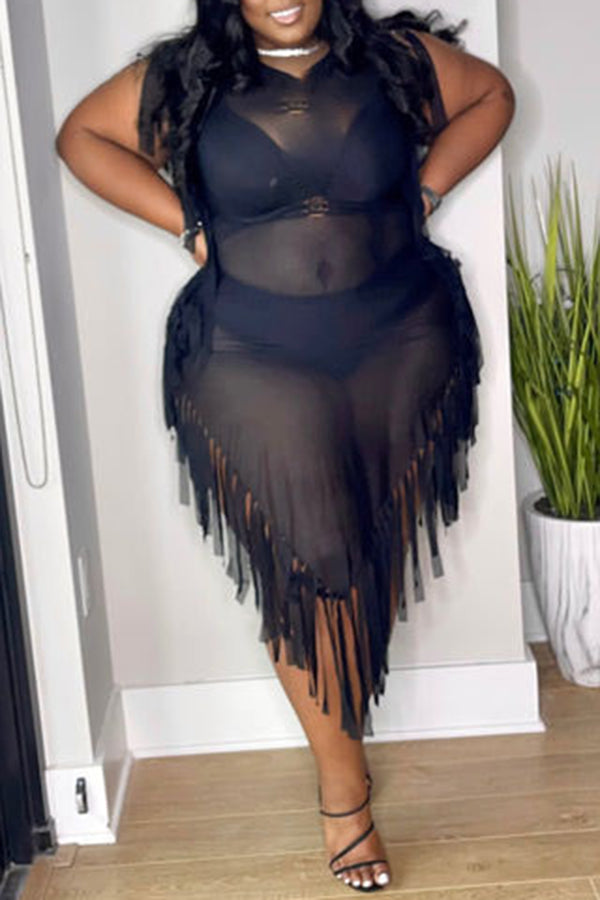 Sexy Solid Color Sheer Fringed Irregular Plus Size Mini Dress