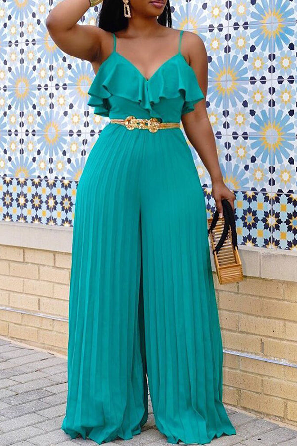 Temperament Plus Size Ruffle Sling Pleated Jumpsuits Without Belt