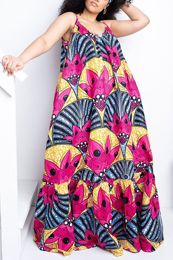 Fashion Print High Slit Lace Up Plus Size Sling Maxi Dress