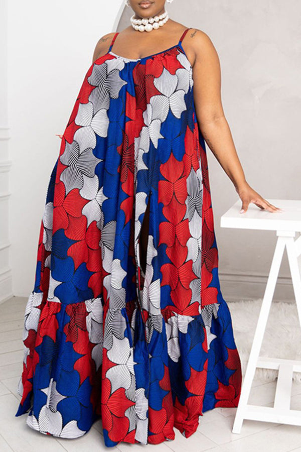 Fashion Print High Slit Lace Up Plus Size Sling Maxi Dress