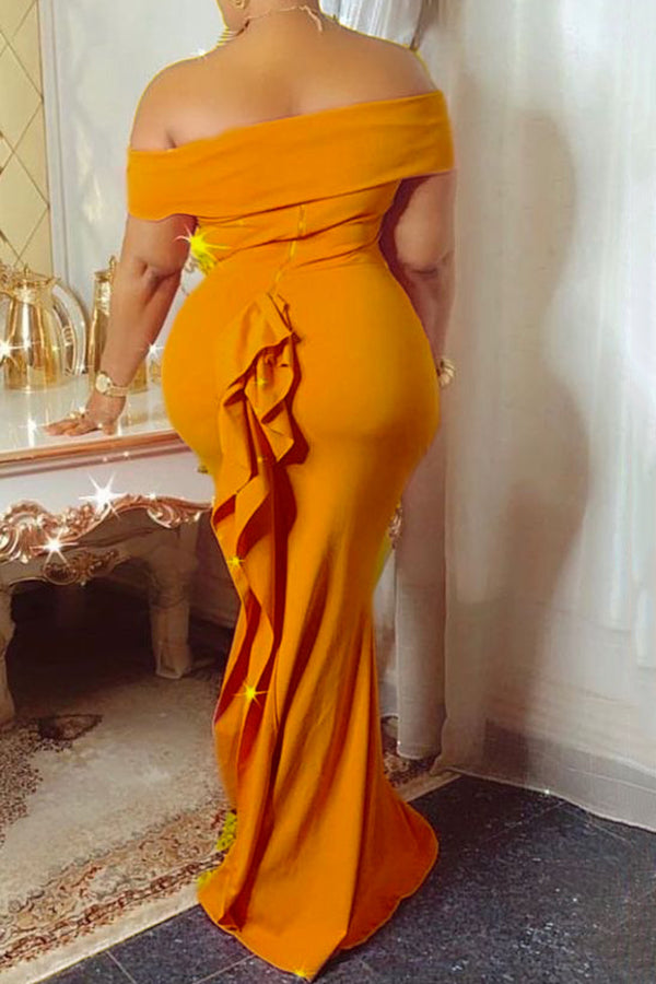 Elegant Off Shoulder Solid Color Ruffle Slim Fit Maxi Dress