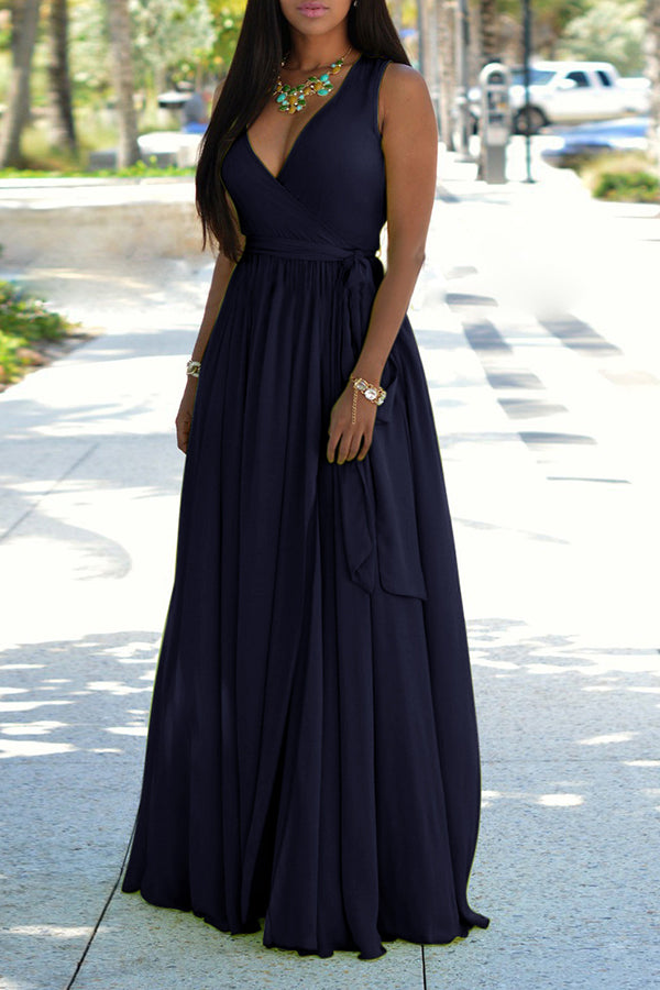 Classic Solid Color V-neck Sleeveless Lace Up Maxi Dress