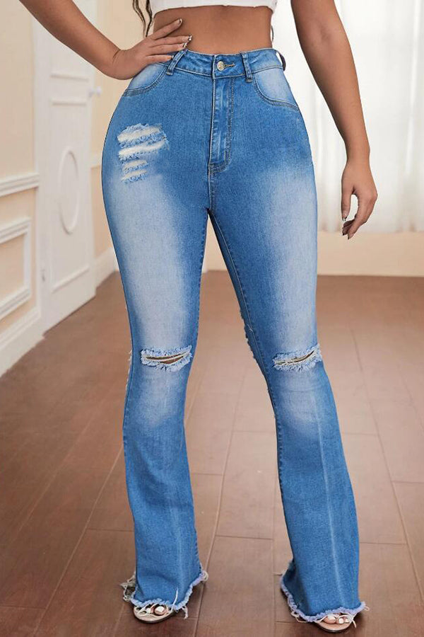 Fashion Hole Slim Fit High Waist Flared Jeans