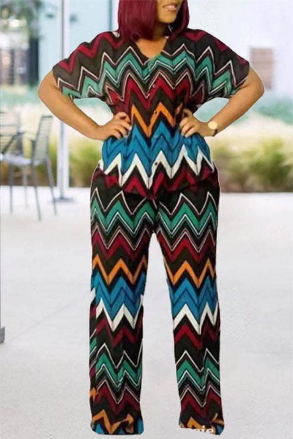 Fashion Colorful Stripe Print Short Sleeve Blouse Pant Suits