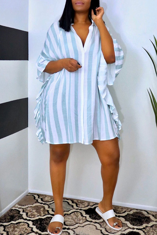 Fashion Stripe Print Batwing Sleeve Ruffle Single Breasted Mini Dress