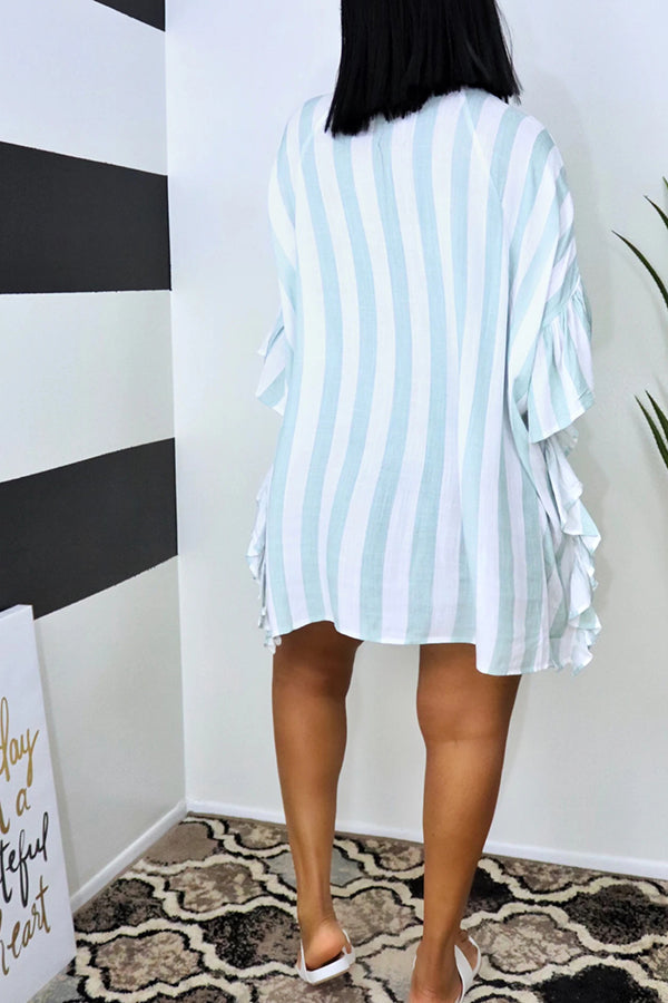 Fashion Stripe Print Batwing Sleeve Ruffle Single Breasted Mini Dress