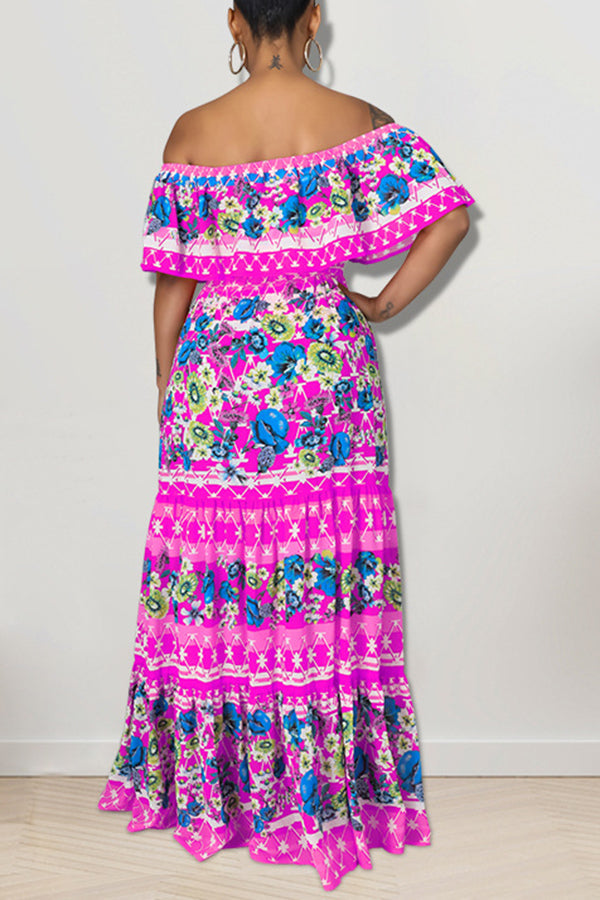 Glamorous Off Shoulder Flower Print Lace UP Ruffle Maxi Dress