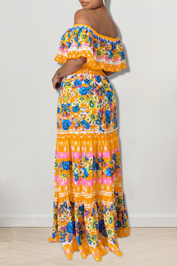 Glamorous Off Shoulder Flower Print Lace UP Ruffle Maxi Dress