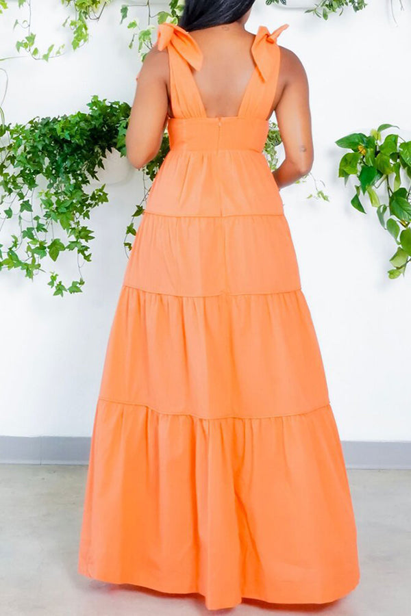 Pretty Solid Color Knotted Single Breasted Slit Sling Maxi Dress