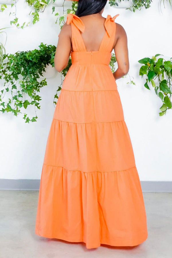 Pretty Solid Color Knotted Single Breasted Slit Sling Maxi Dress