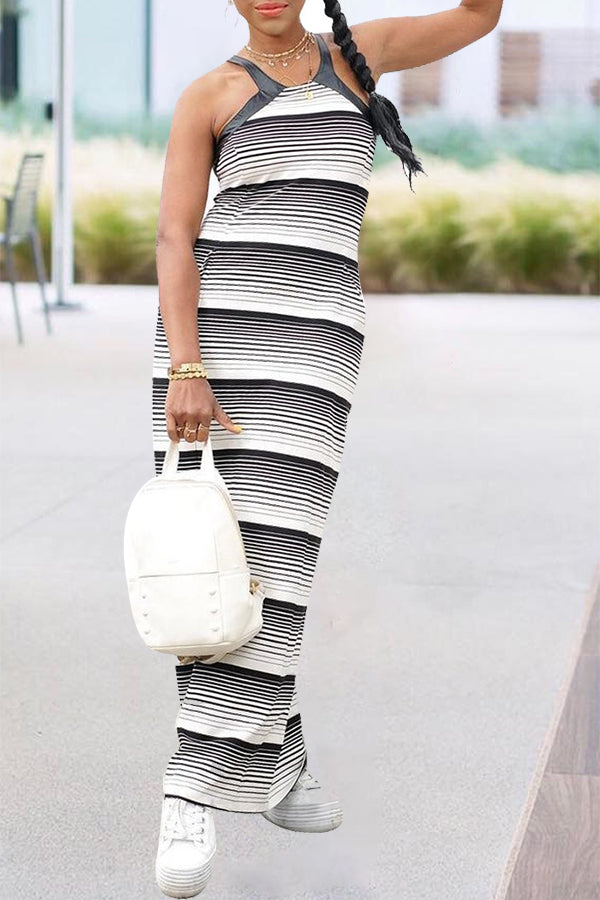 Coloful Stripe Print Sleeveless Slim Fit Sling Maxi Dress