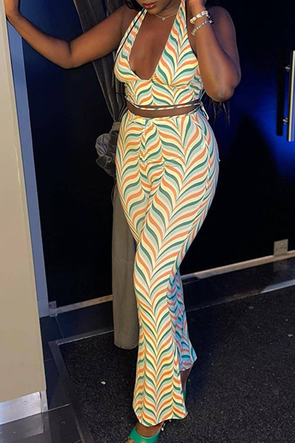 Sexy Print Sleeveless Halter Top High Waist Flared Pant Suits