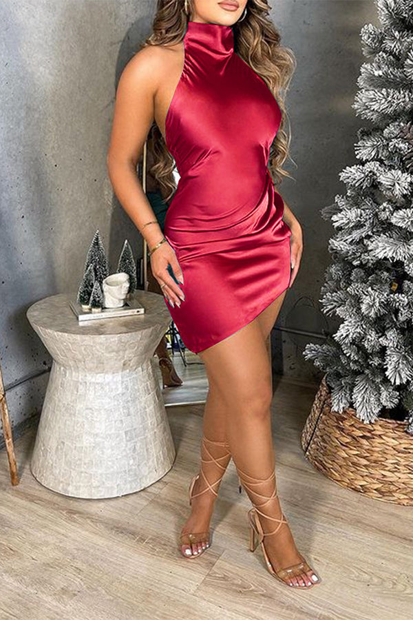 Sexy Solid Color Backless Satin Halter Mini Dress