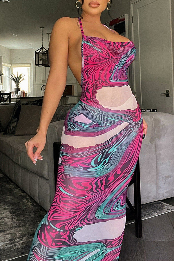 Sexy See Through Mesh Print Backless Slim Fit Sling Maxi Dress