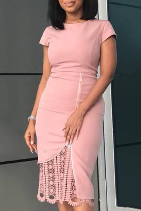 Elegant Solid Color Lace Stitching Zipper Slim Fit Midi Dress