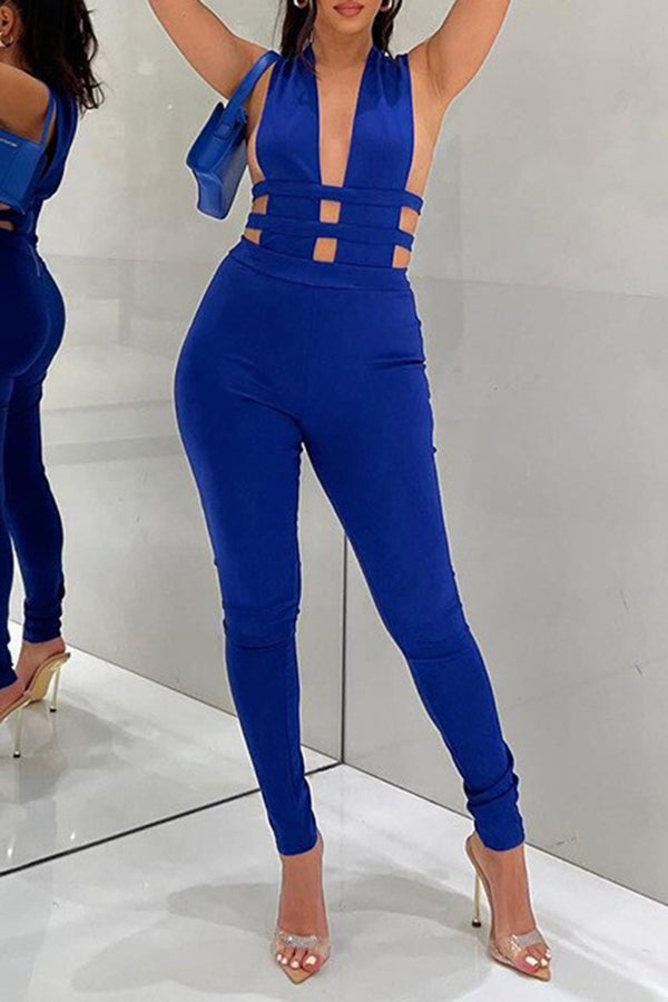 Sexy Slim Fit Sleeveless Deep V Neck Hollow Solid Color Jumpsuits